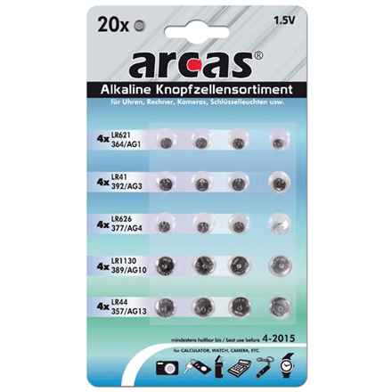 Arcas AG Set 4xAG1, 4xAG3, 4xAG4, 4xAG10, 4xAG13, Alkaline Buttoncell, 20 pc(s) (Attēls 1)