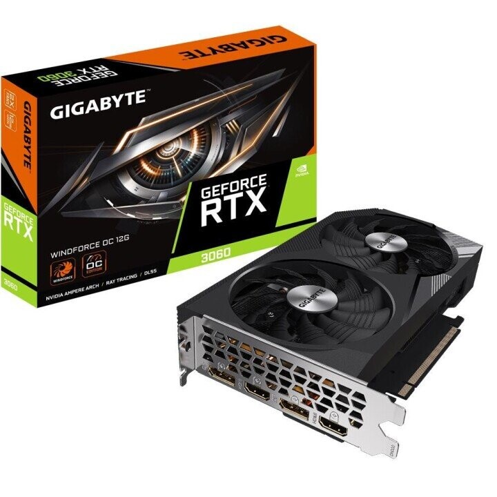 Graphics Card|GIGABYTE|NVIDIA GeForce RTX 3060|12 GB|GDDR6|192 bit|PCIE 4.0 16x|Memory 15000 MHz|GPU 1792 MHz|2xHDMI|2xDisplayPort|GV-N3060WF2OC-12GD2.0 (Attēls 1)