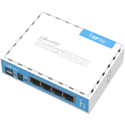 MikroTik RB941-2nD hAP Lite Classic Access Point 10/100 Mbit/s, 2.4GHz, Wi-Fi standards 802.11b/g/n, Antenna type Internal, Antennas quantity 2, USB ports quantity 1, Wi-Fi, N, 2.4 GHz, Y (Attēls 1)