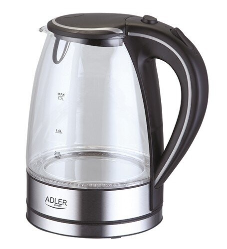 Kettle Adler AD 1225 Standard kettle, Glass, Stainless steel/Black, 2000 W, 360° rotational base, 1.7 L (Фото 1)