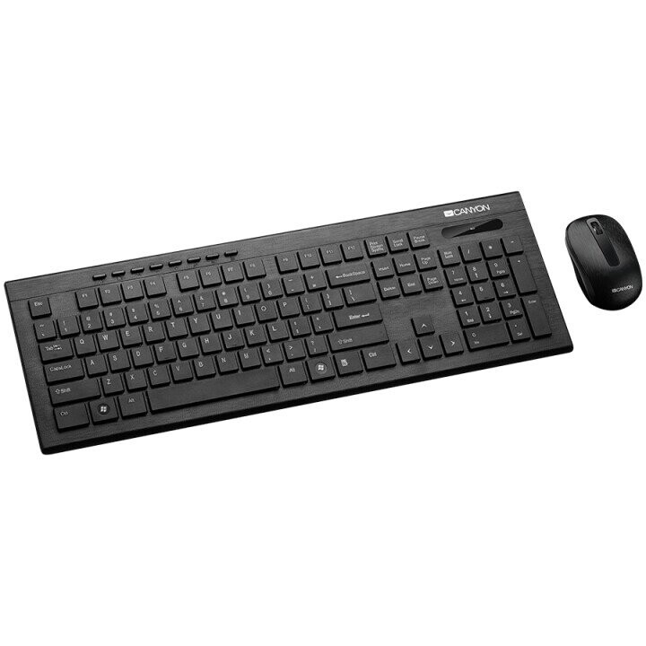 CANYON Multimedia 2.4GHZ wireless combo-set, keyboard 104 keys, slim and brushed finish design, chocolate key caps, US layout (black); mouse adjustable DPI 800-1200-1600, 3 buttons (black) (Фото 1)