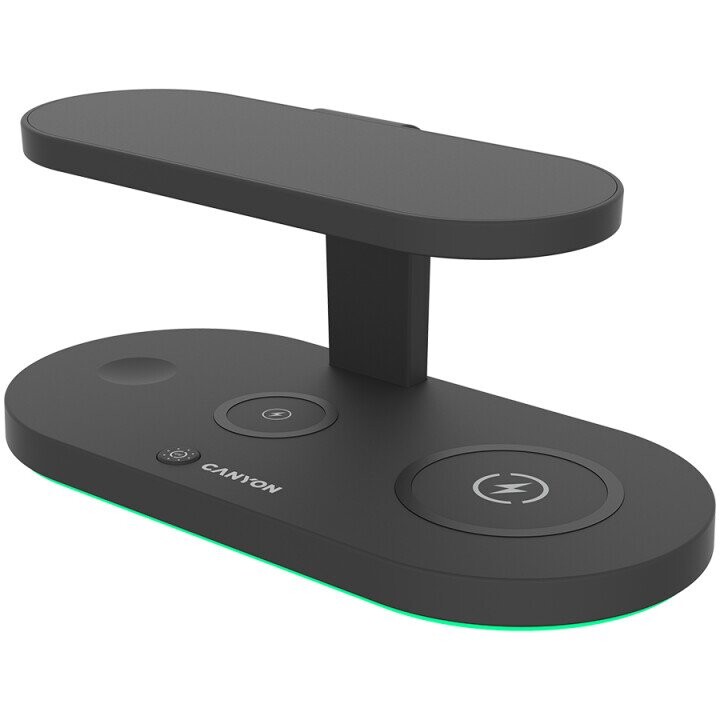 CANYON WS-501 5in1 Wireless charger, with UV sterilizer, with touch button for Running water light, Input QC24W or PD36W, Output 15W/10W/7.5W/5W, USB-A 10W(max), Type c to USB-A cable length 1.2m, 188*90*81mm, 0.249Kg, Black (Attēls 2)