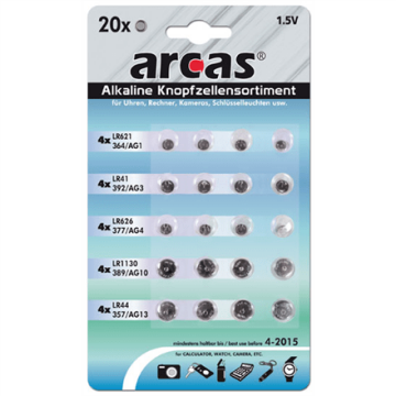 Arcas AG Set 4xAG1, 4xAG3, 4xAG4, 4xAG10, 4xAG13, Alkaline Buttoncell, 20 pc(s) (Фото 1)