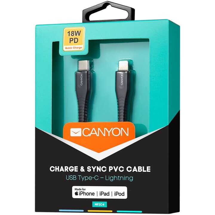 CANYON Type C Cable To MFI Lightning for Apple,  PVC Mouling,Function：with full feature( data transmission and PD charging)    Output:5V/2.4A , OD:3.5mm, cable length 1.2m,   0.026kg,Color:Black (Attēls 3)