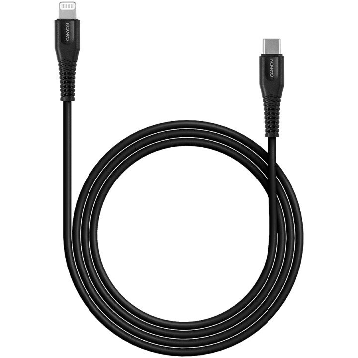 CANYON Type C Cable To MFI Lightning for Apple,  PVC Mouling,Function：with full feature( data transmission and PD charging)    Output:5V/2.4A , OD:3.5mm, cable length 1.2m,   0.026kg,Color:Black (Attēls 2)