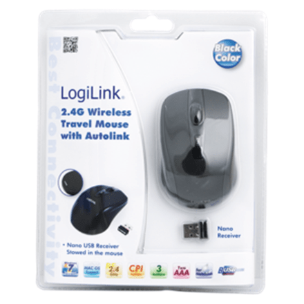 Logilink Maus optisch Funk 2.4 GHz wireless, Black, 2.4GH wireless mini mouse with autolink (Attēls 1)