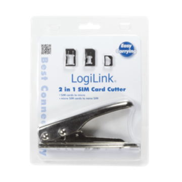 Logilink 2 in 1 SIM Card Cutter *For cutting of SIM cards into micro and nano format*Material: Stainless iron*For easy cutting of SIM cards*2x Nano-SIM cards, 1x Micro SIM Card*Adapter and 1x SIM card pin included*Color: Silver/Chrome (Attēls 1)