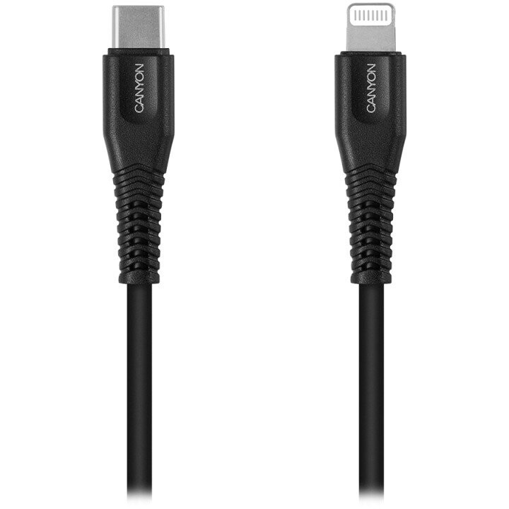 CANYON Type C Cable To MFI Lightning for Apple,  PVC Mouling,Function：with full feature( data transmission and PD charging)    Output:5V/2.4A , OD:3.5mm, cable length 1.2m,   0.026kg,Color:Black (Attēls 1)