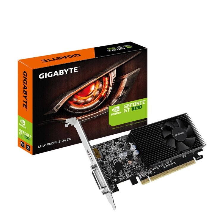 Gigabyte GV-N1030D4-2GL 1.0 NVIDIA, 2 GB, GeForce GT 1030, DDR4, PCI Express 3.0, Processor frequency 1417 MHz, DVI-D ports quantity 1, HDMI ports quantity 1, Memory clock speed 2100 MHz (Attēls 1)