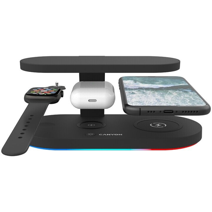 CANYON WS-501 5in1 Wireless charger, with UV sterilizer, with touch button for Running water light, Input QC24W or PD36W, Output 15W/10W/7.5W/5W, USB-A 10W(max), Type c to USB-A cable length 1.2m, 188*90*81mm, 0.249Kg, Black (Attēls 4)